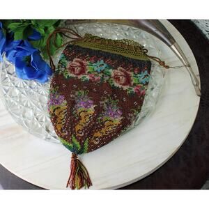 Early 1900's Floral Glass Beaded Reticule Drawstring Evening Bag/Purse